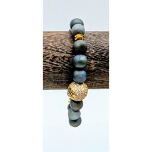 Gray Stone Gold Tone Pave Ball Stretch Bead Bracelet